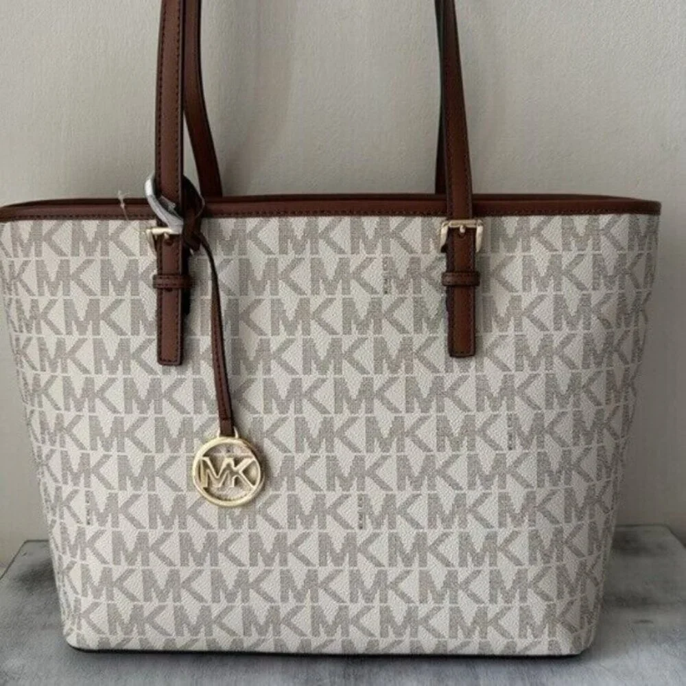 Michael Kors Jet Set Vanilla Luggage Tote Carry All Shoulder Handbag Logo Charm